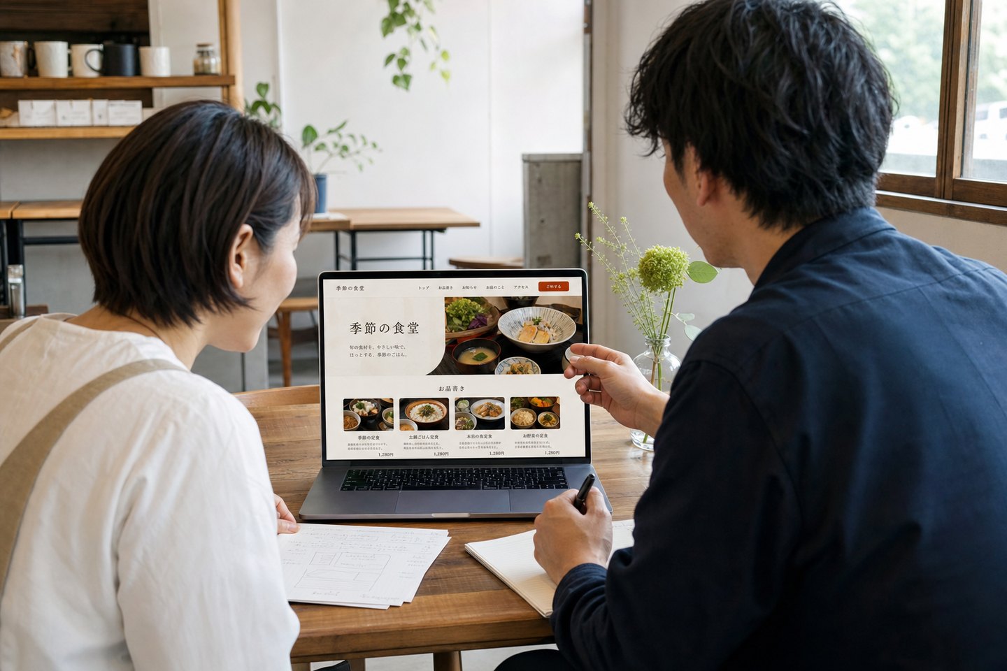 架空の飲食店サイトを見ながら掲載内容を整理する制作イメージ