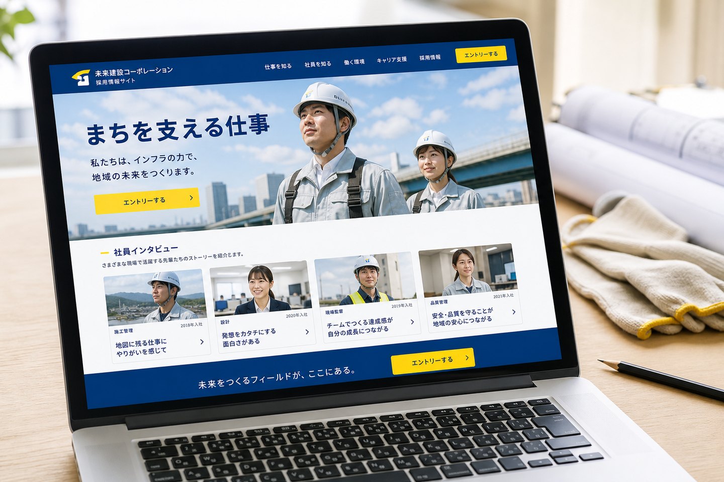 架空の建設会社の採用LPを検討する制作イメージ