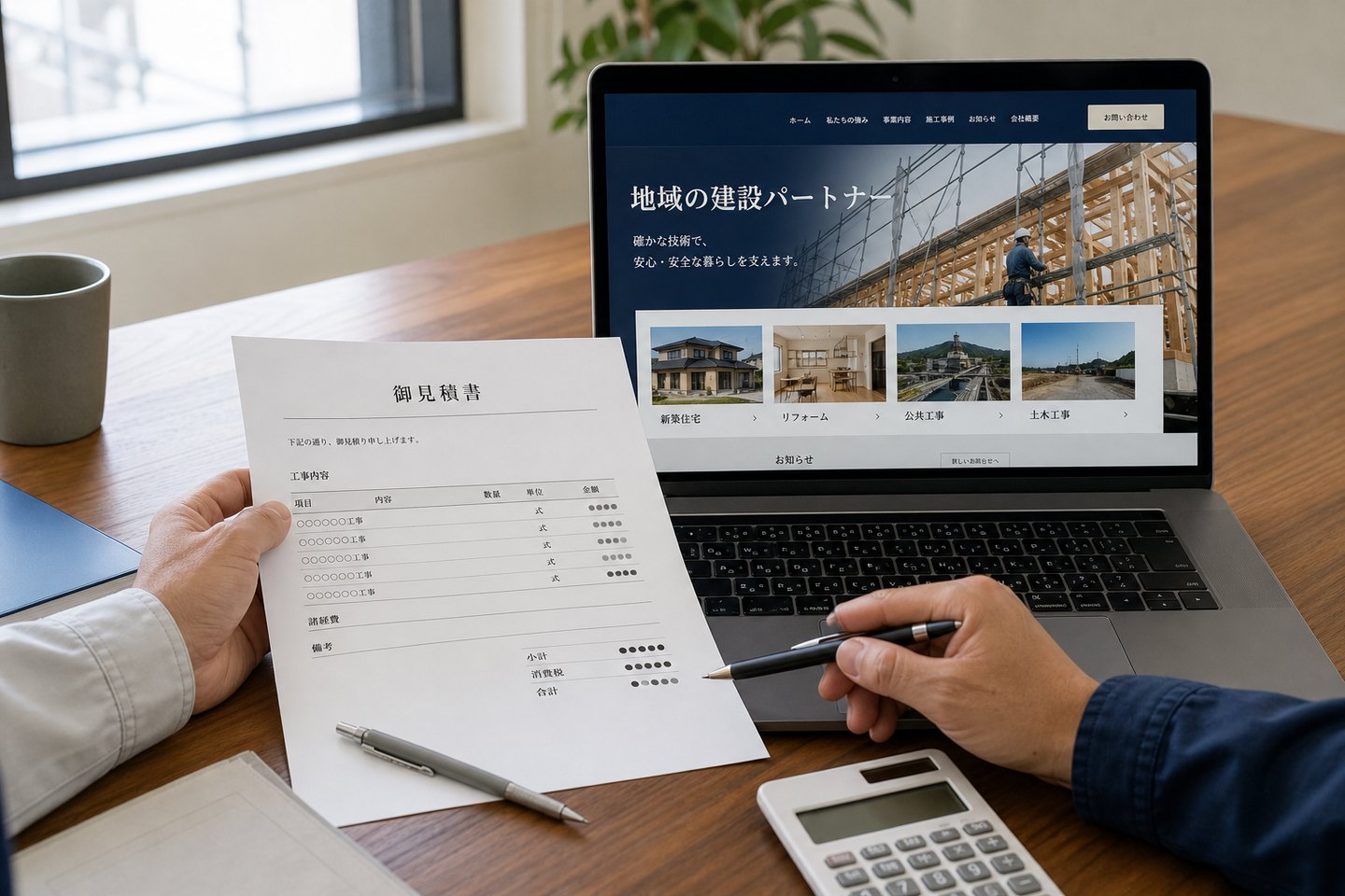 架空の建設会社サイトを見ながら見積り項目を確認する制作イメージ