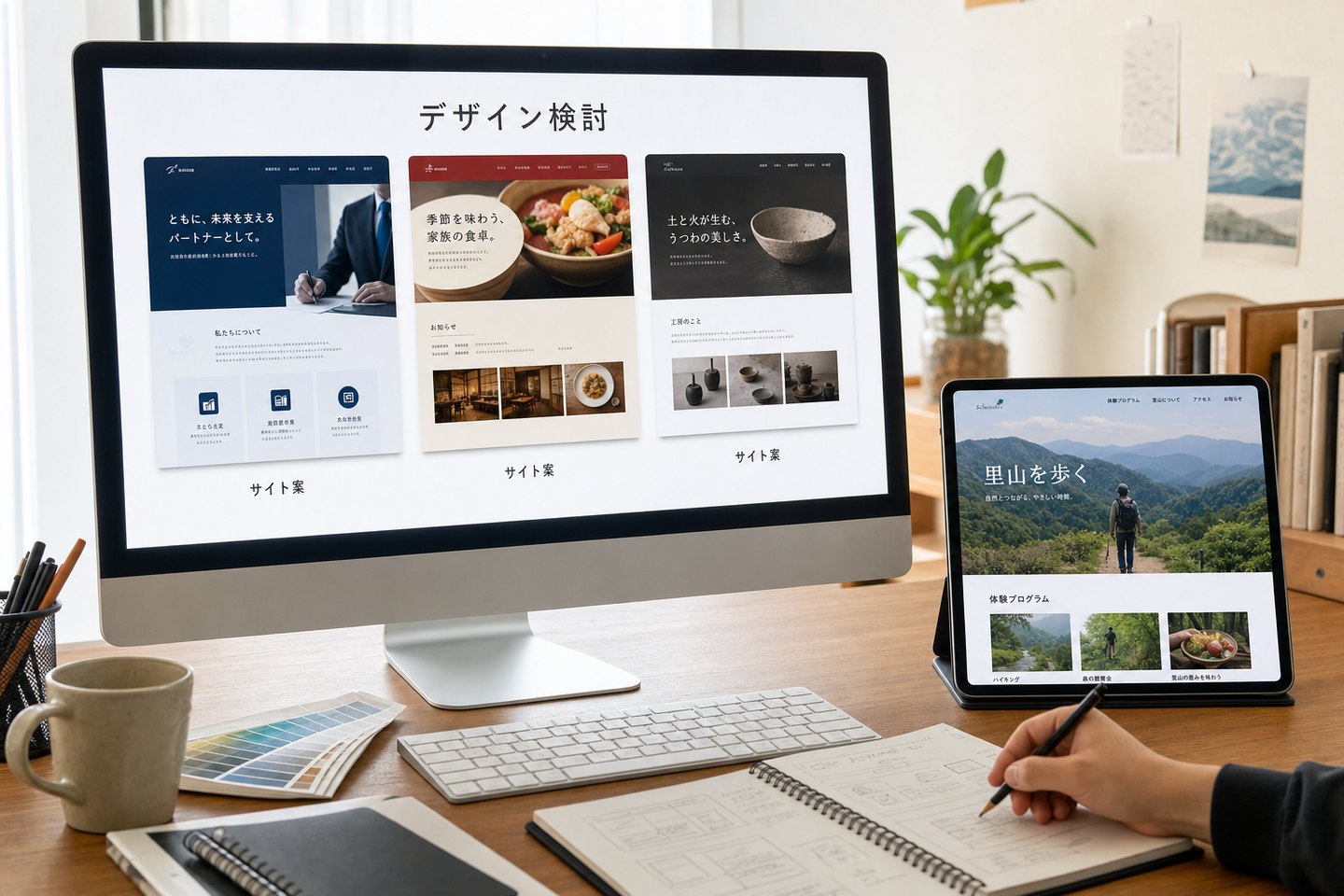 複数業種の架空サイト画面をPCとタブレットで確認する制作イメージ